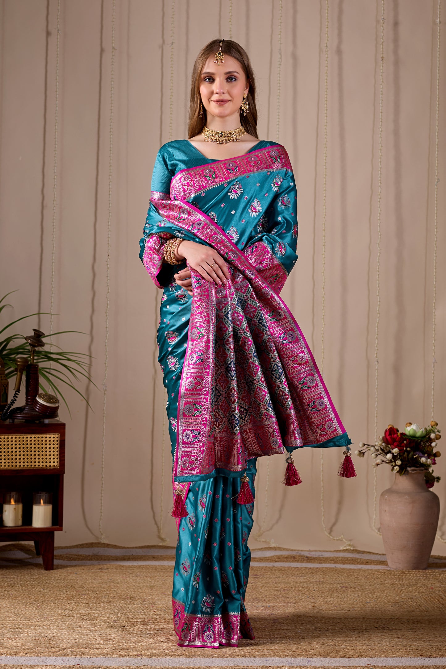 Teal Blue Banarasi Kanjivaram Silk Saree with Rich Pink Zari Work