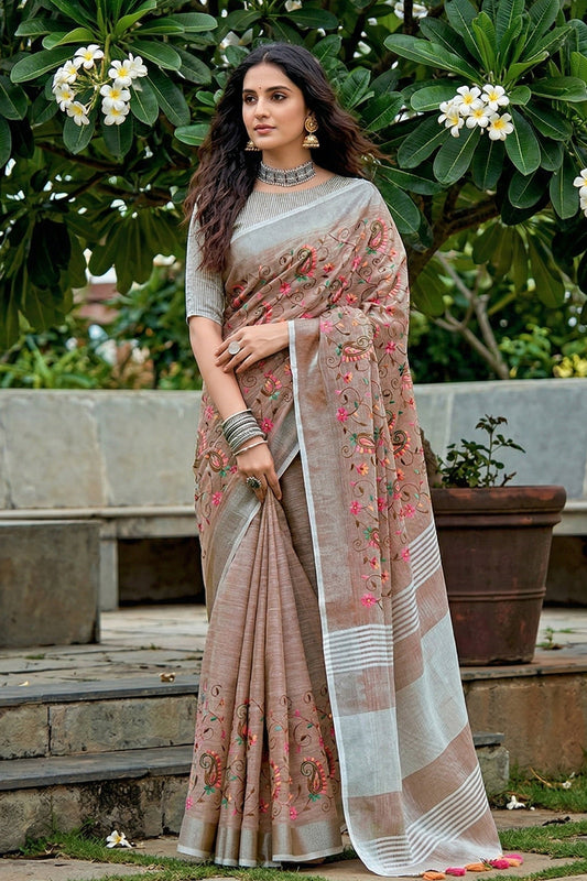 Beige Brown Linen Cotton Saree with Floral Embroidery Work