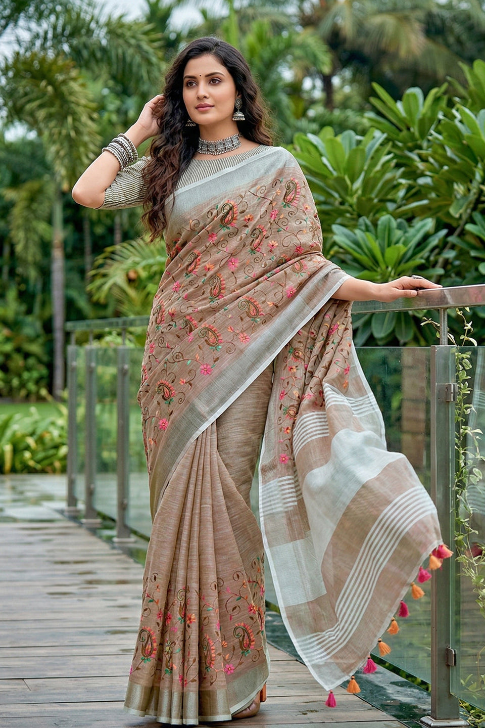 Beige Brown Linen Cotton Saree with Floral Embroidery Work