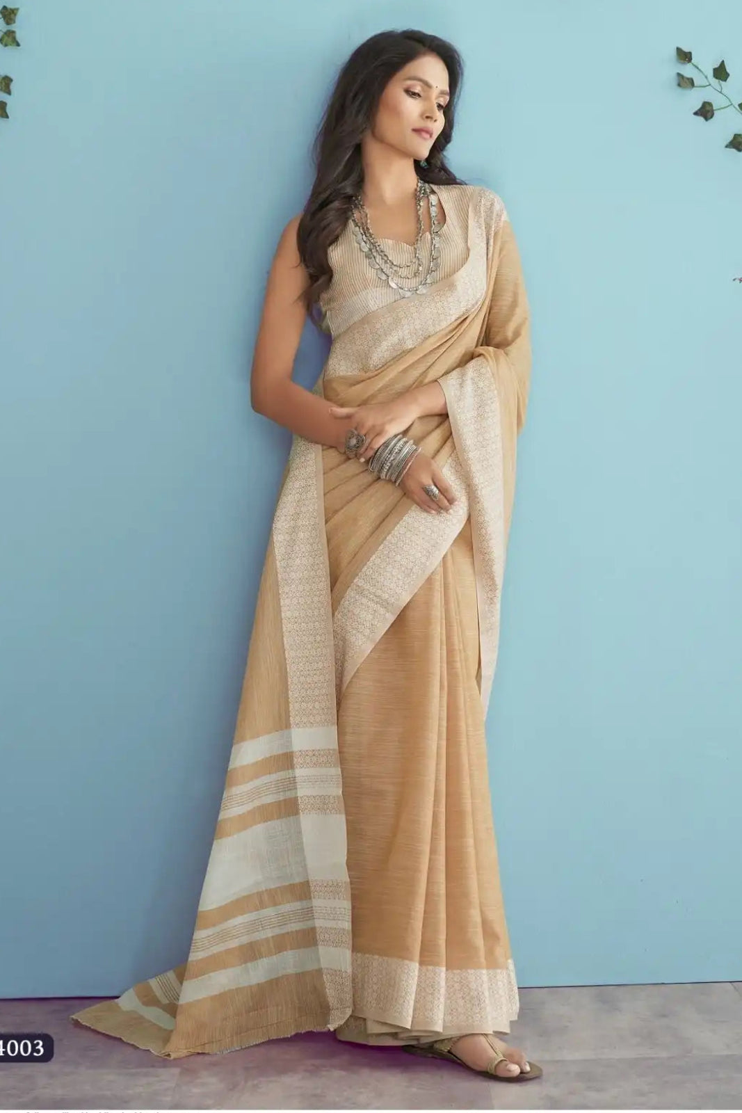 Beige Khaki Soft Linen Silk Saree with Chikankari Border