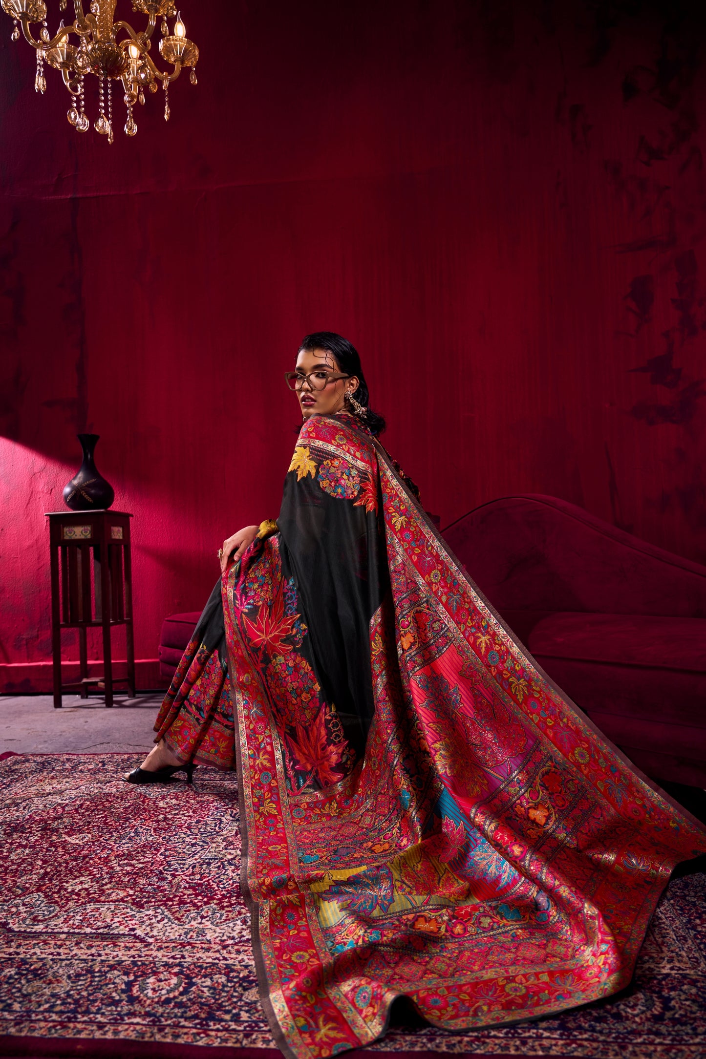 Black Silk Saree with Rich Multicolor Kashmiri Floral Border