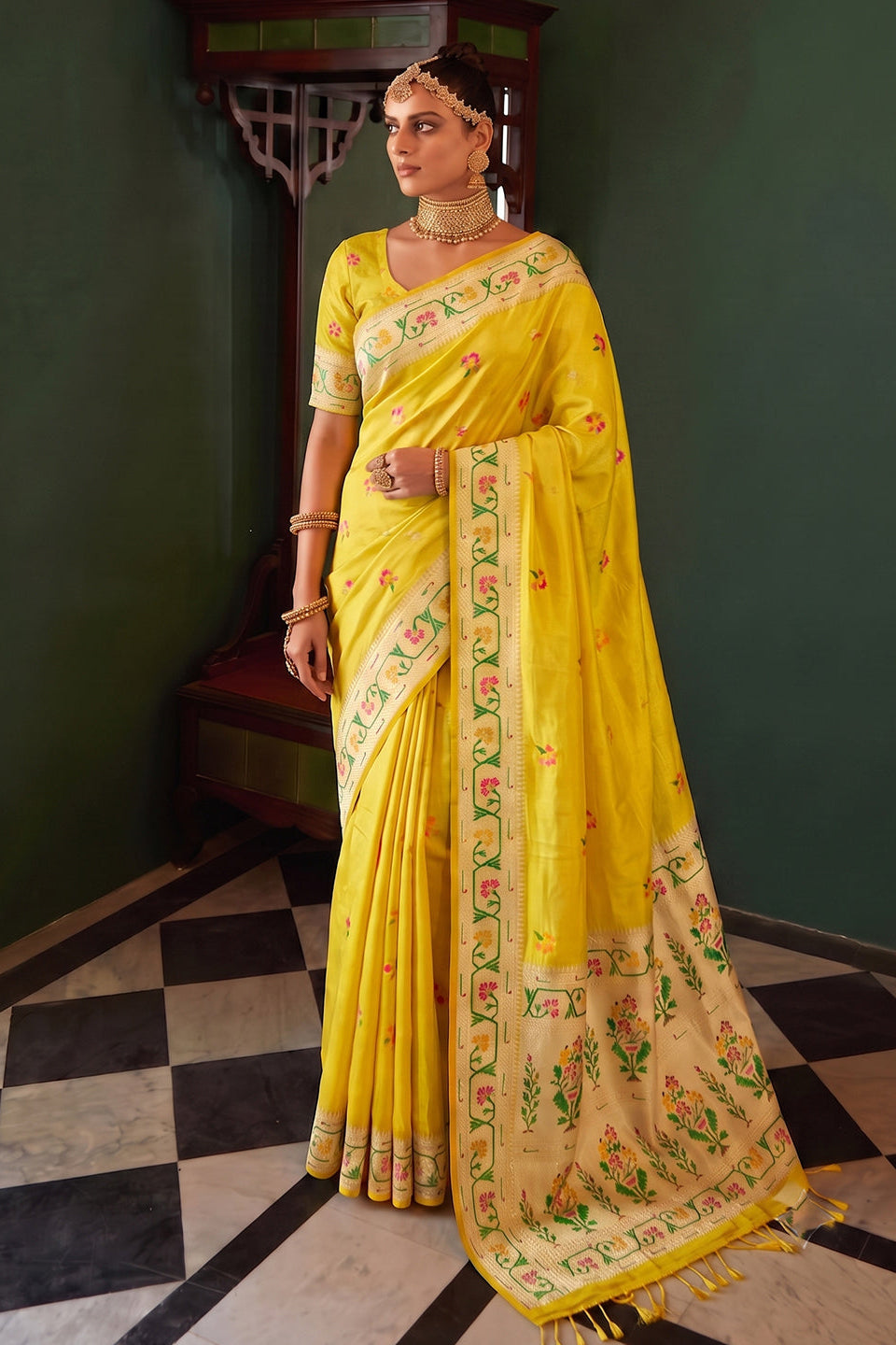 Bright Yellow Chanderi Organza Saree with Minakari Zari Border