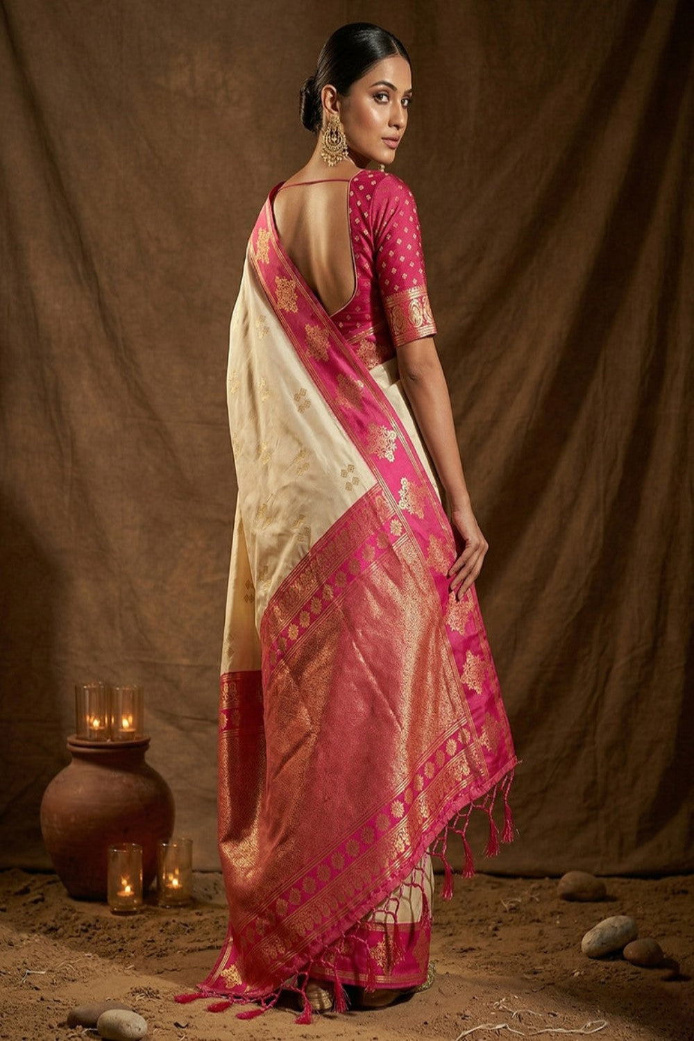 Cream Silk Saree with Pink Zari Border & Rich Pallu