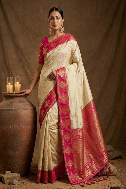 Cream Silk Saree with Pink Zari Border & Rich Pallu