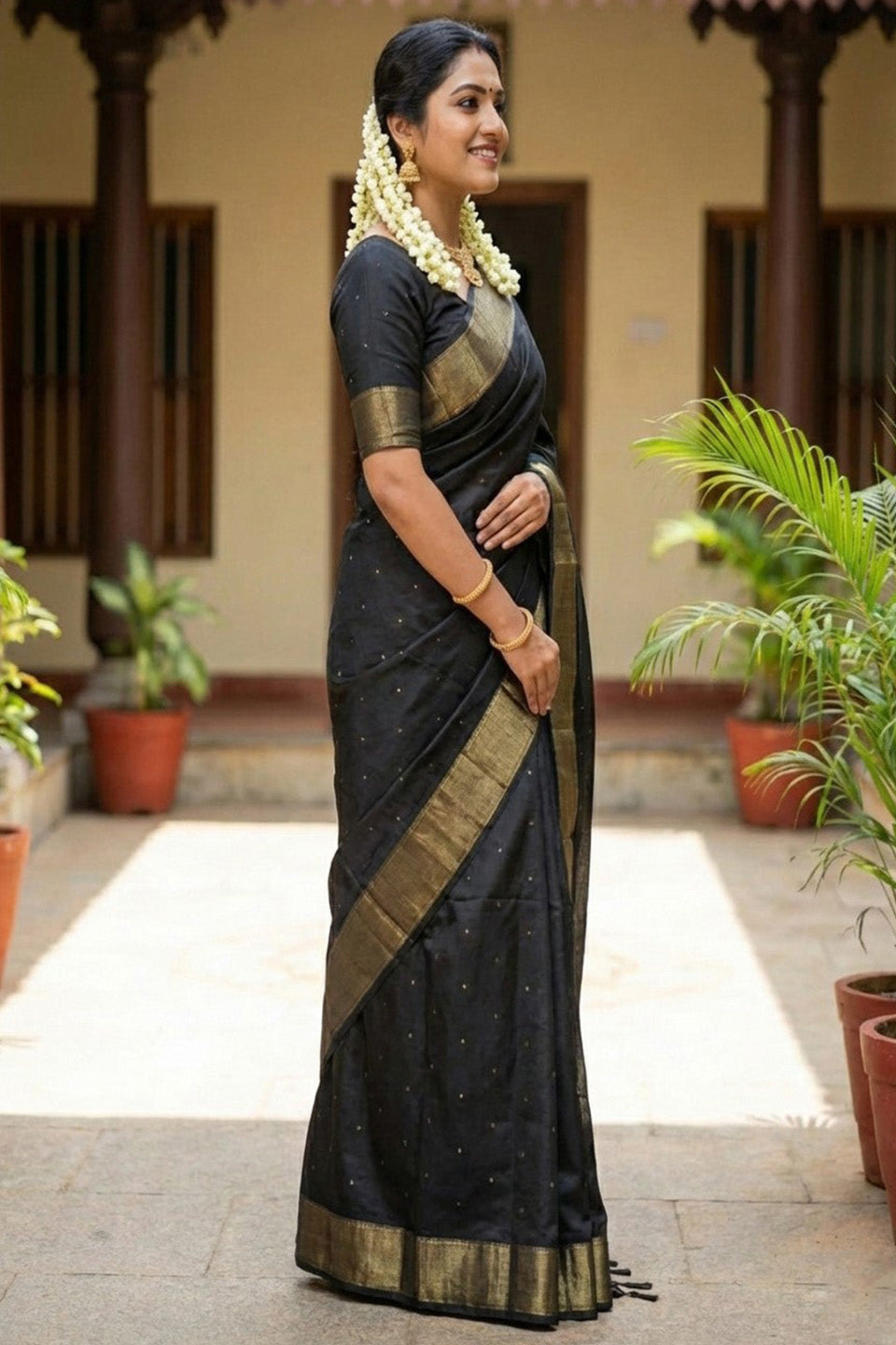 Elegant Black Soft Silk Saree with Golden Zari Border