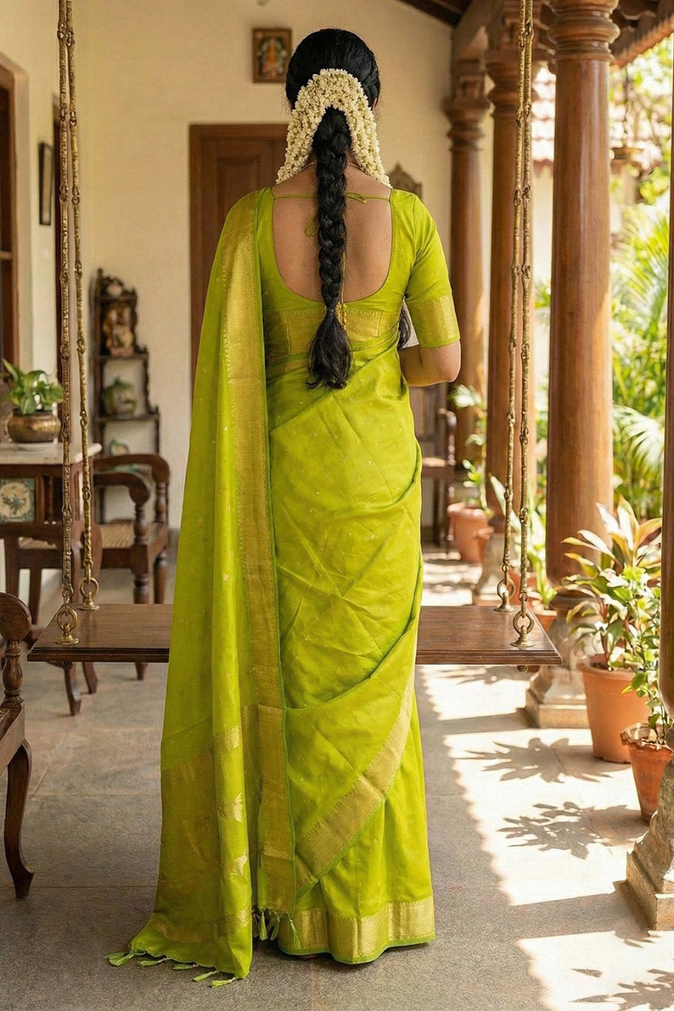 Elegant Lime Green Soft Silk Saree with Golden Zari Border