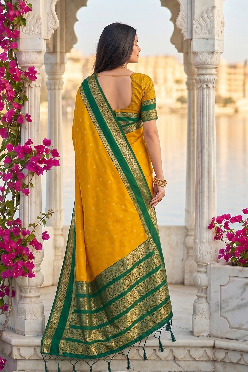Elegant Mustard Yellow Soft Silk Saree with Green Zari Border for Women
