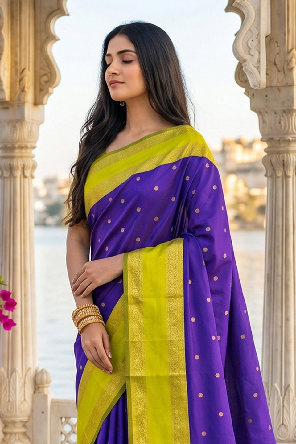 Elegant Royal Purple Soft Silk Saree with Lime Green Zari Border for Women