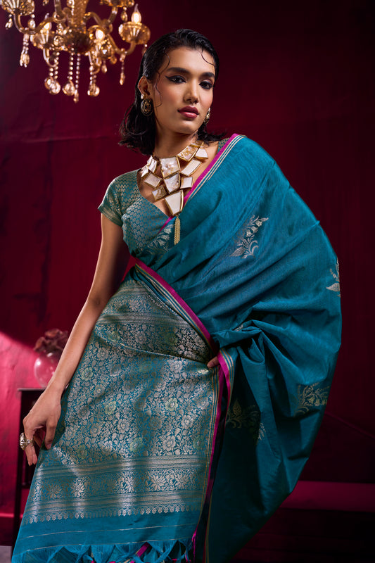 Elegant Teal Blue Soft Silk Saree for Women with Zari Woven Blouse