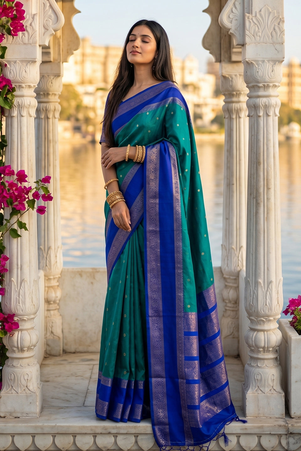 Elegant Teal Blue Soft Silk Saree with Royal Blue Zari Border for Women