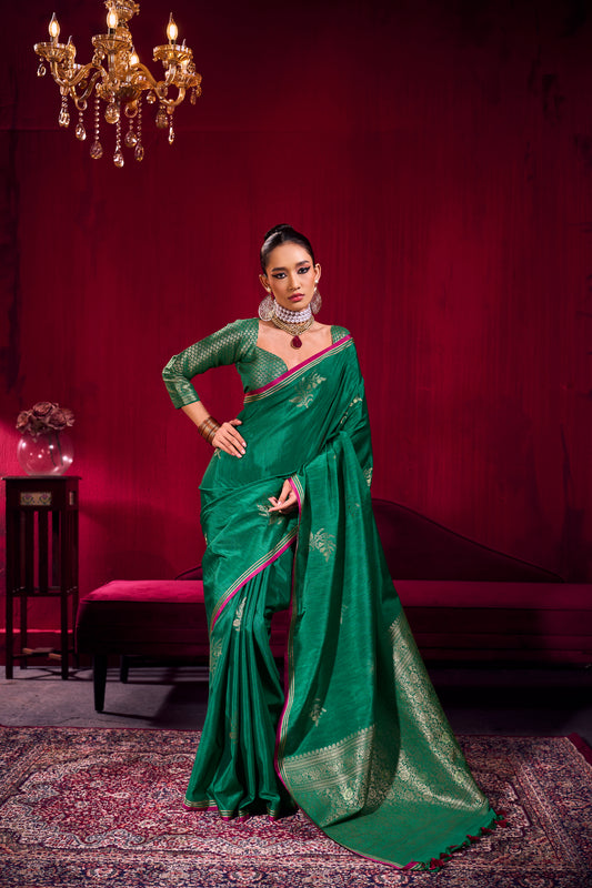 Emerald Green Soft Silk Saree for Women with Zari Weaving Border