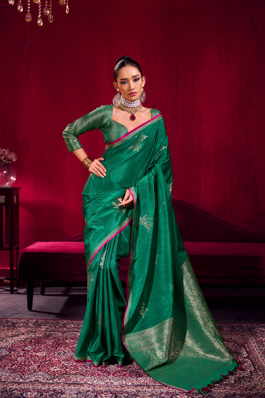 Emerald Green Soft Silk Saree for Women with Zari Weaving Border