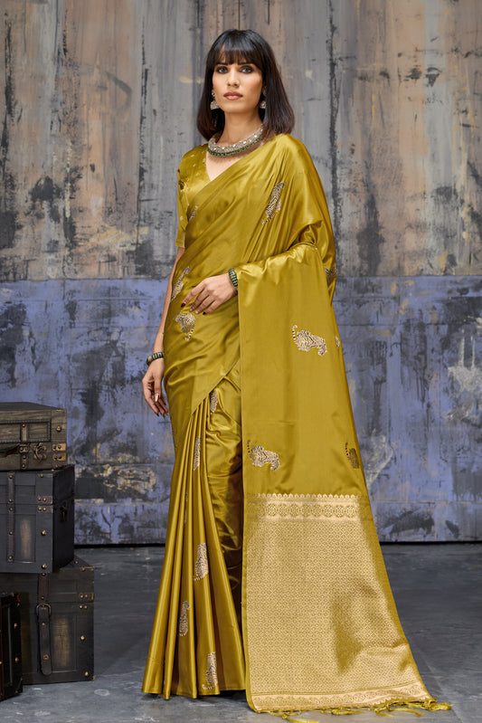 Golden Olive Katan Silk Saree with Antique Zari Border and Tiger Buttas