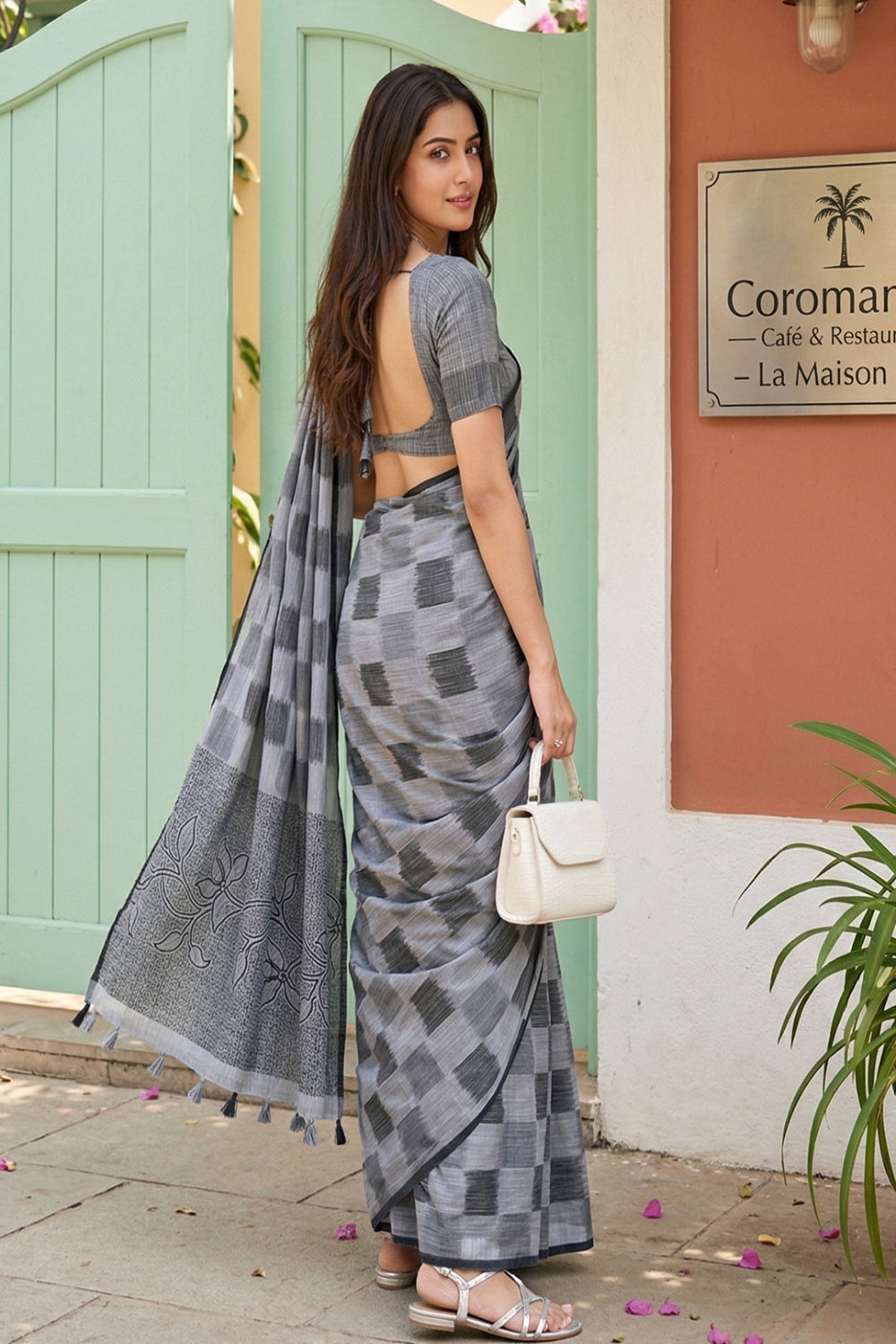 Grey Checked Cotton Silk Saree with Designer Pallu