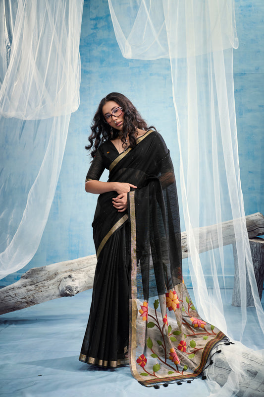 Jet Black Linen Organza Saree with Floral Organza Pallu & Zari Border