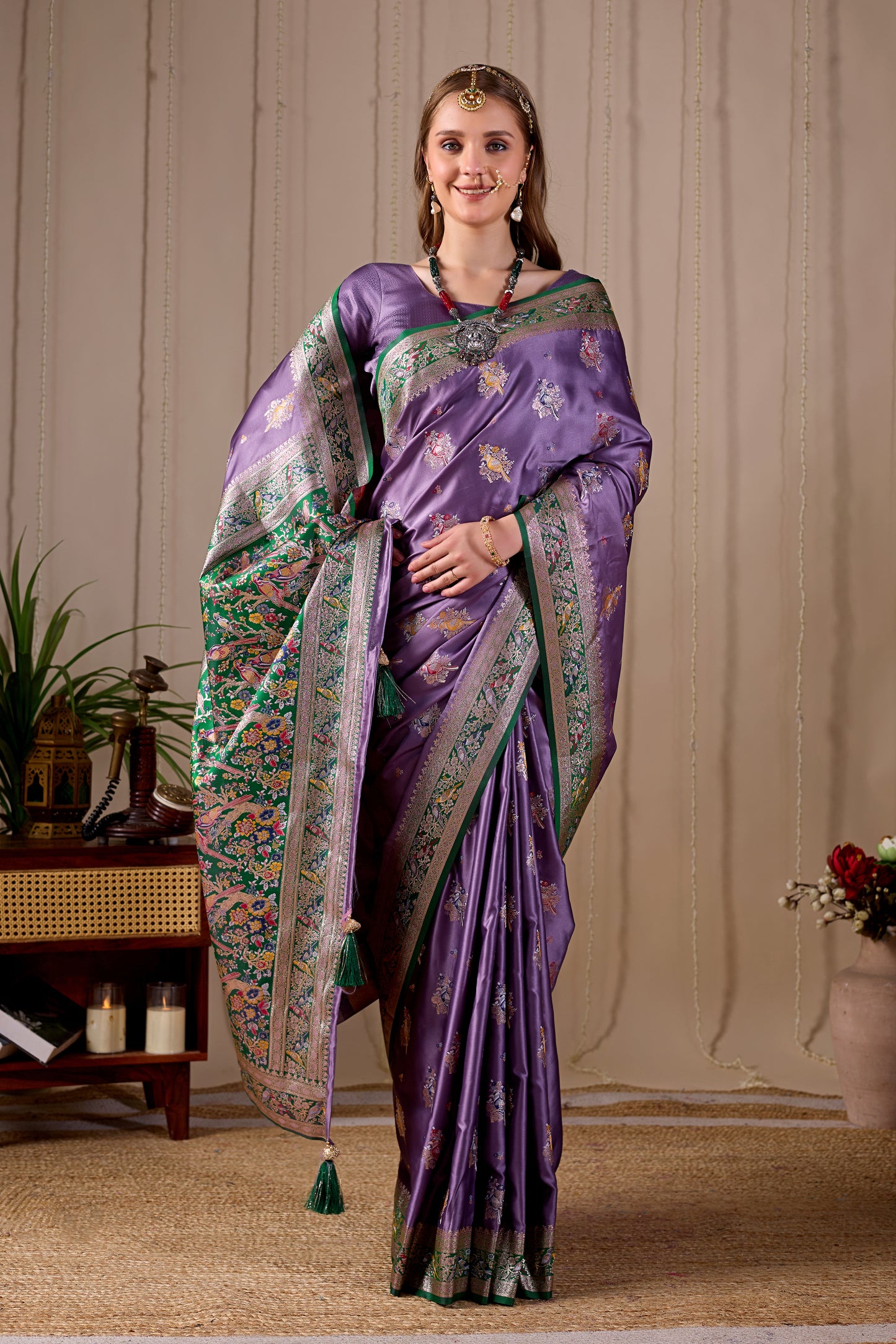 Lavender Purple Banarasi Kanjivaram Silk Saree with Rich Green Zari Work