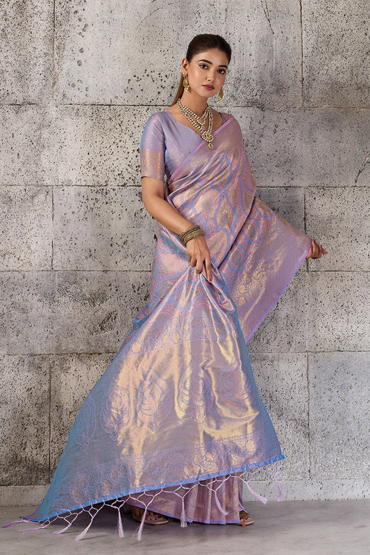 Lavender Pastel Pink Banarasi Kanjivaram Silk Saree with Rich Zari Work