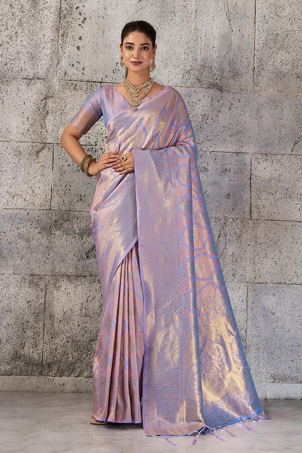 Lavender Pastel Pink Banarasi Kanjivaram Silk Saree with Rich Zari Work
