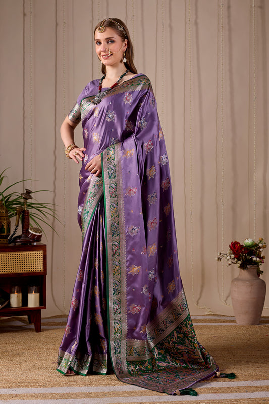 Lavender Purple Banarasi Kanjivaram Silk Saree with Rich Green Zari Work