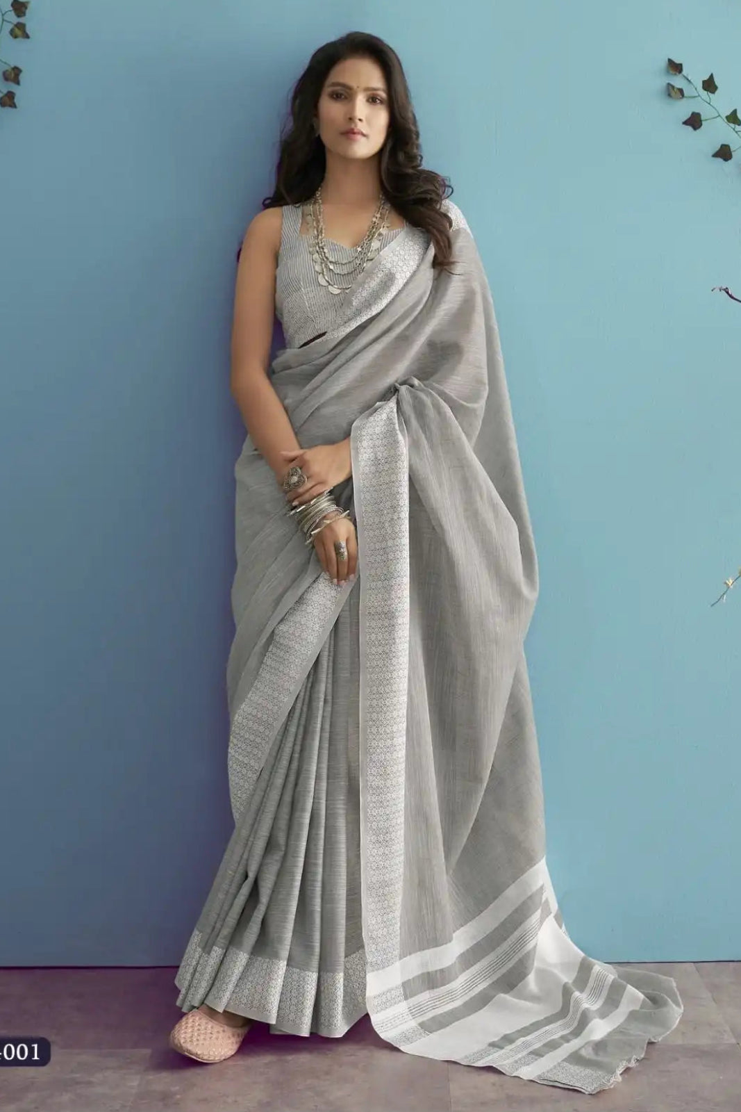 Light Grey Soft Linen Silk Saree with Chikankari Border