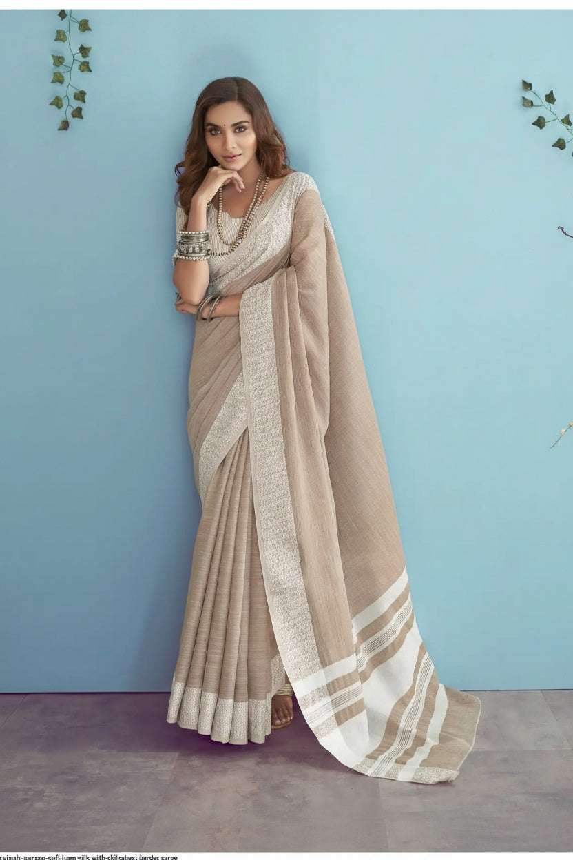 Light Taupe Soft Linen Silk Saree with Chikankari Border