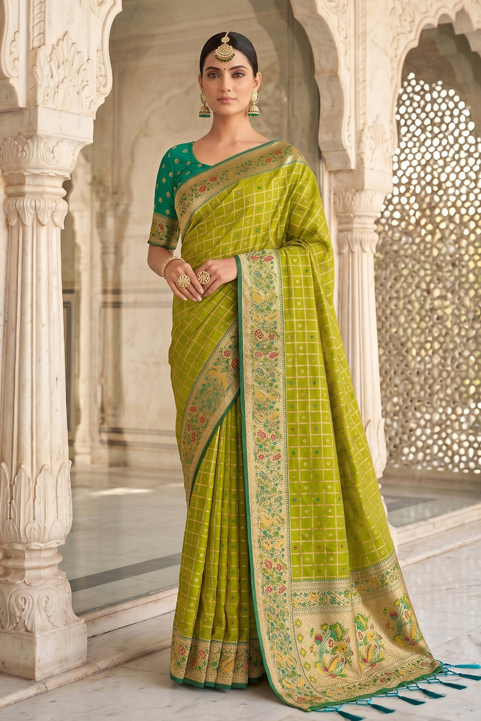 Lime Green Banarasi Silk Saree with Meenakari Paithani Pallu and Rama Green Blouse