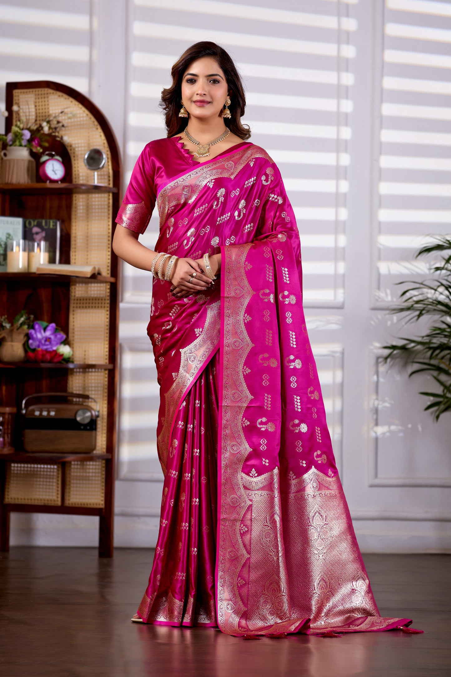 Magenta Pink Banarasi Kanjivaram Silk Saree with Rich Zari Work