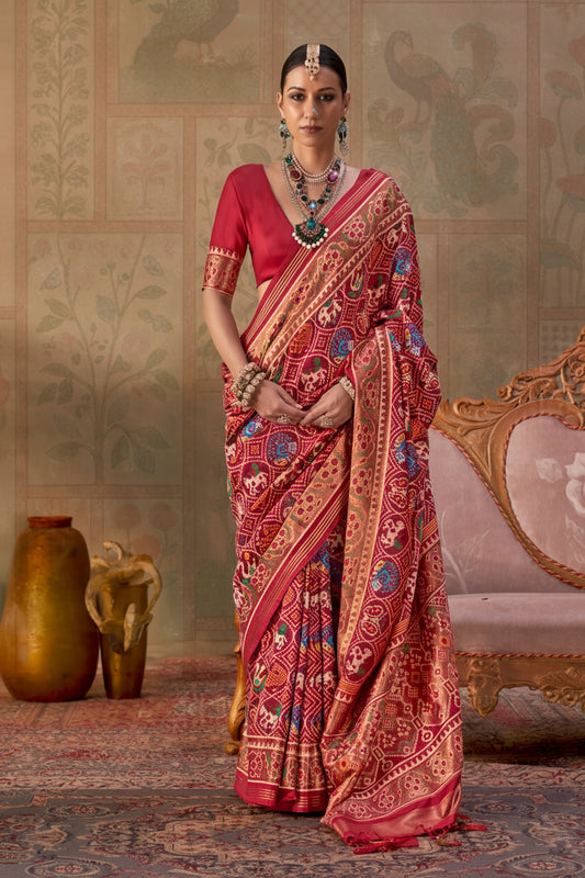 Maroon Red Banarasi Silk Patola Saree with Rich Weave & Heritage Motifs
