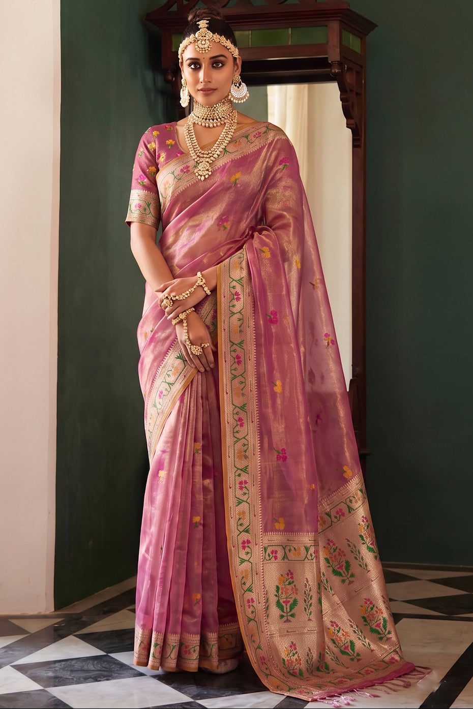 Mauve Pink Chanderi Organza Saree with Minakar Zari Border