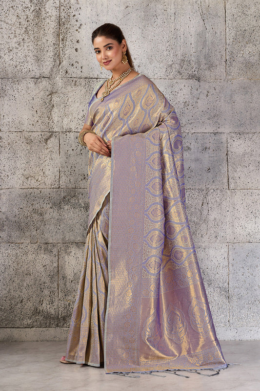 Metallic Grey Lavender Banarasi Kanjivaram Silk Saree with Rich Zari Work