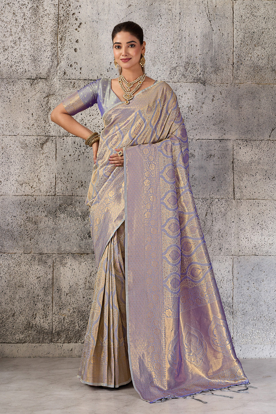 Metallic Grey Lavender Banarasi Kanjivaram Silk Saree with Rich Zari Work