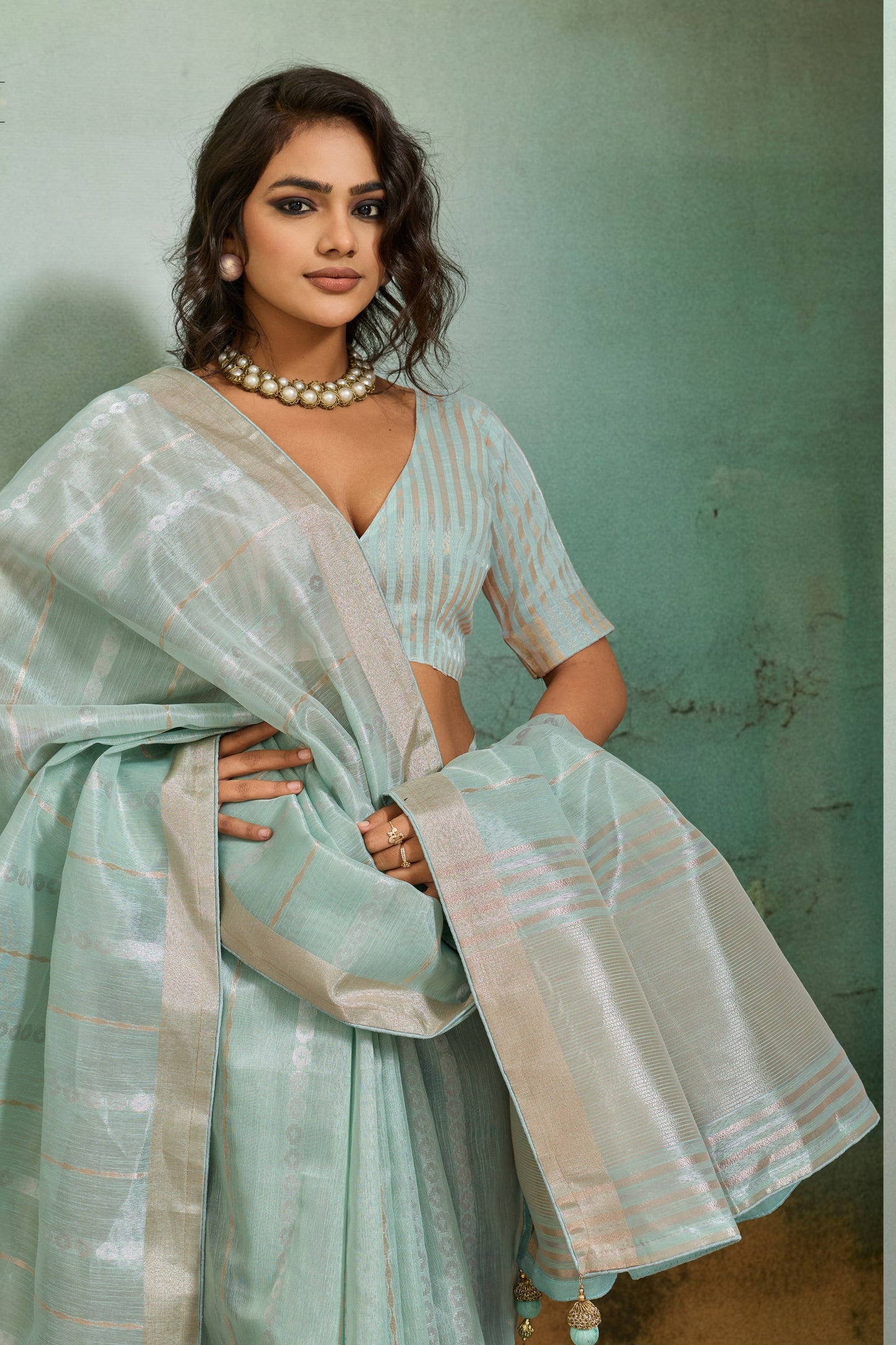 Mint Green Organza Silk Saree with Subtle Zari Stripes