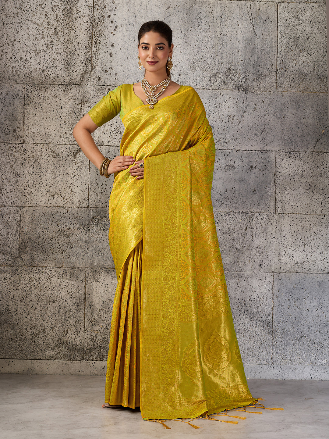 Mustard Yellow Banarasi Kanjivaram Silk Saree with Rich Zari Work