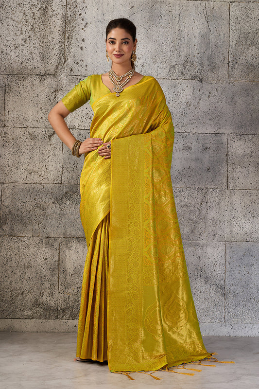 Mustard Yellow Banarasi Kanjivaram Silk Saree with Rich Zari Work