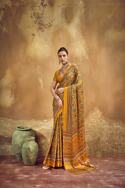 Mustard Yellow Printed Silk Saree with Ajrakh-Inspired Geometric Motifs