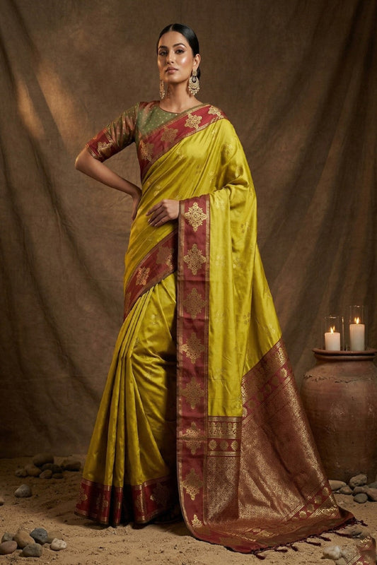 Mustard Yellow Silk Saree with Maroon Zari Border & Rich Pallu