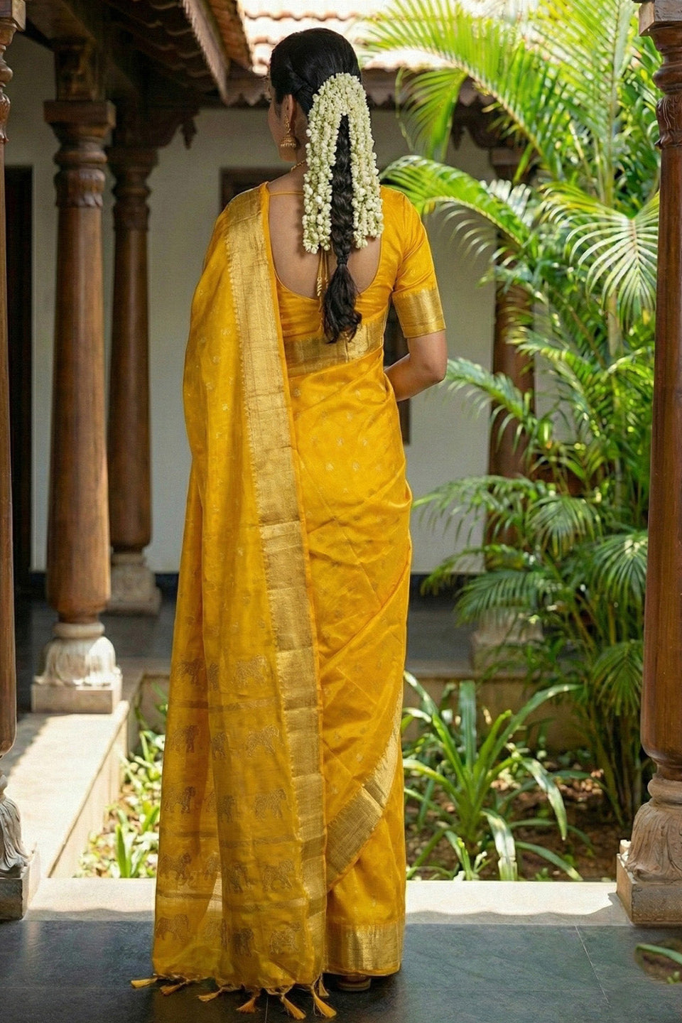 Mustard Yellow Traditional Silk Saree for Women with Golden Zari Border