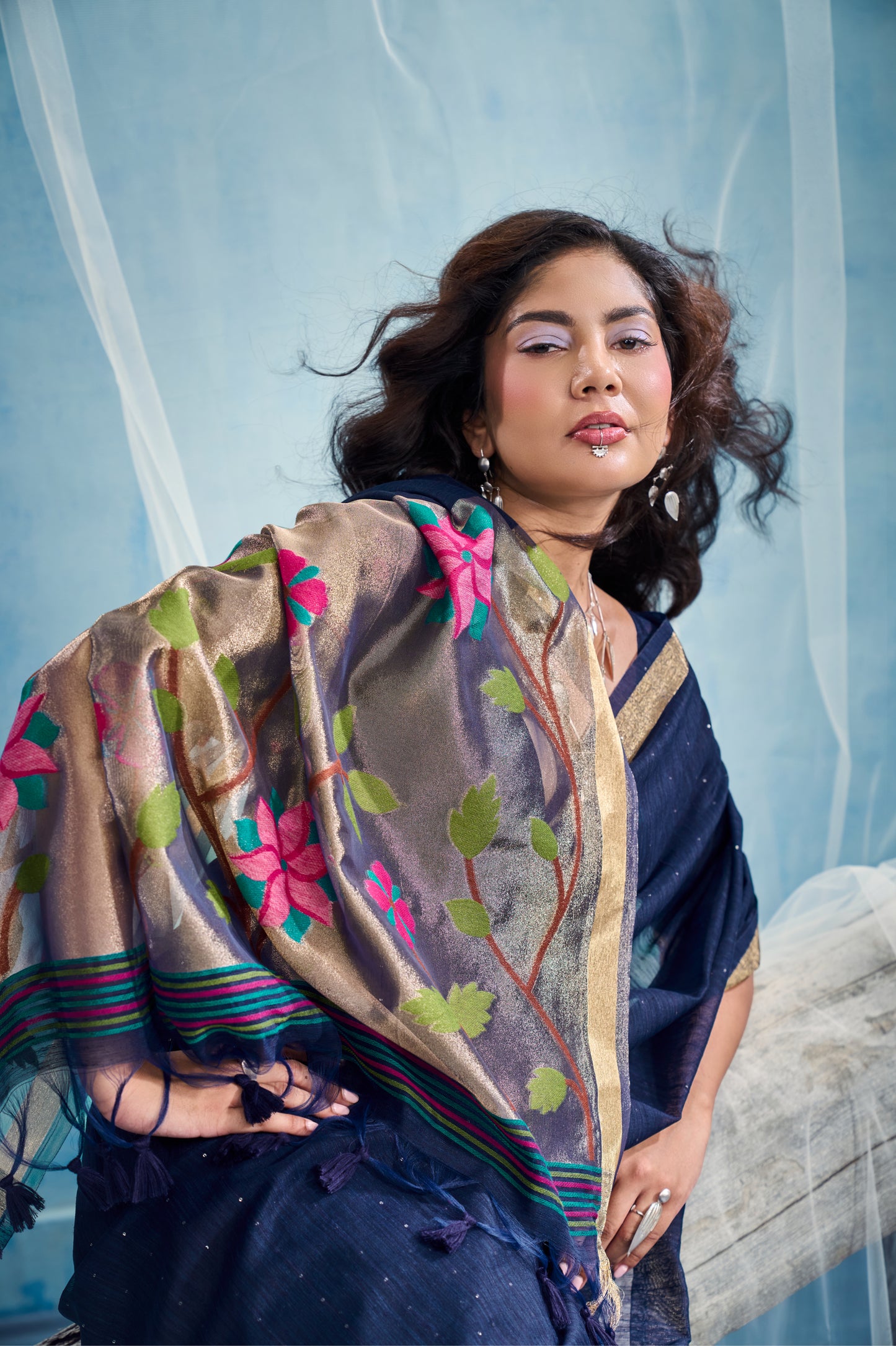 Navy Blue Linen Organza Saree with Floral Organza Pallu & Zari Border