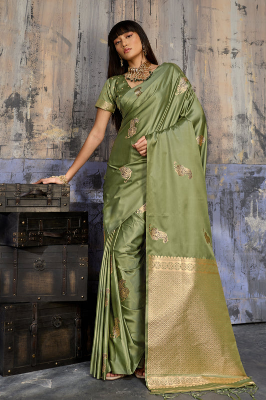 Olive Sage Green Katan Silk Saree with Antique Zari Border and Tiger Buttas