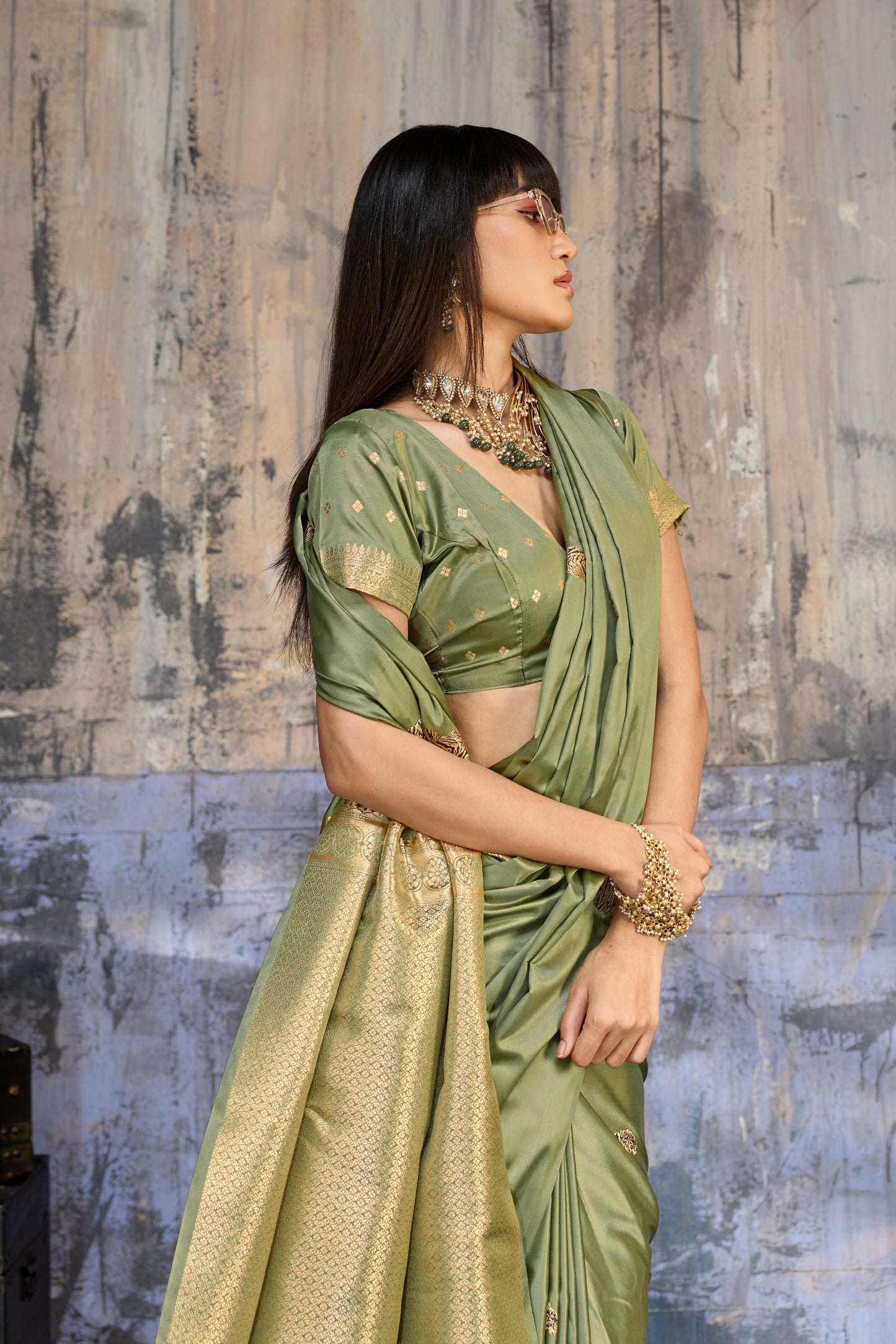 Olive Sage Green Katan Silk Saree with Antique Zari Border and Tiger Buttas