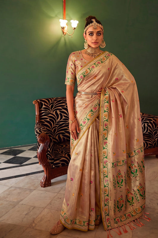 Peach Beige Chanderi Organza Saree with Minakari Zari Border