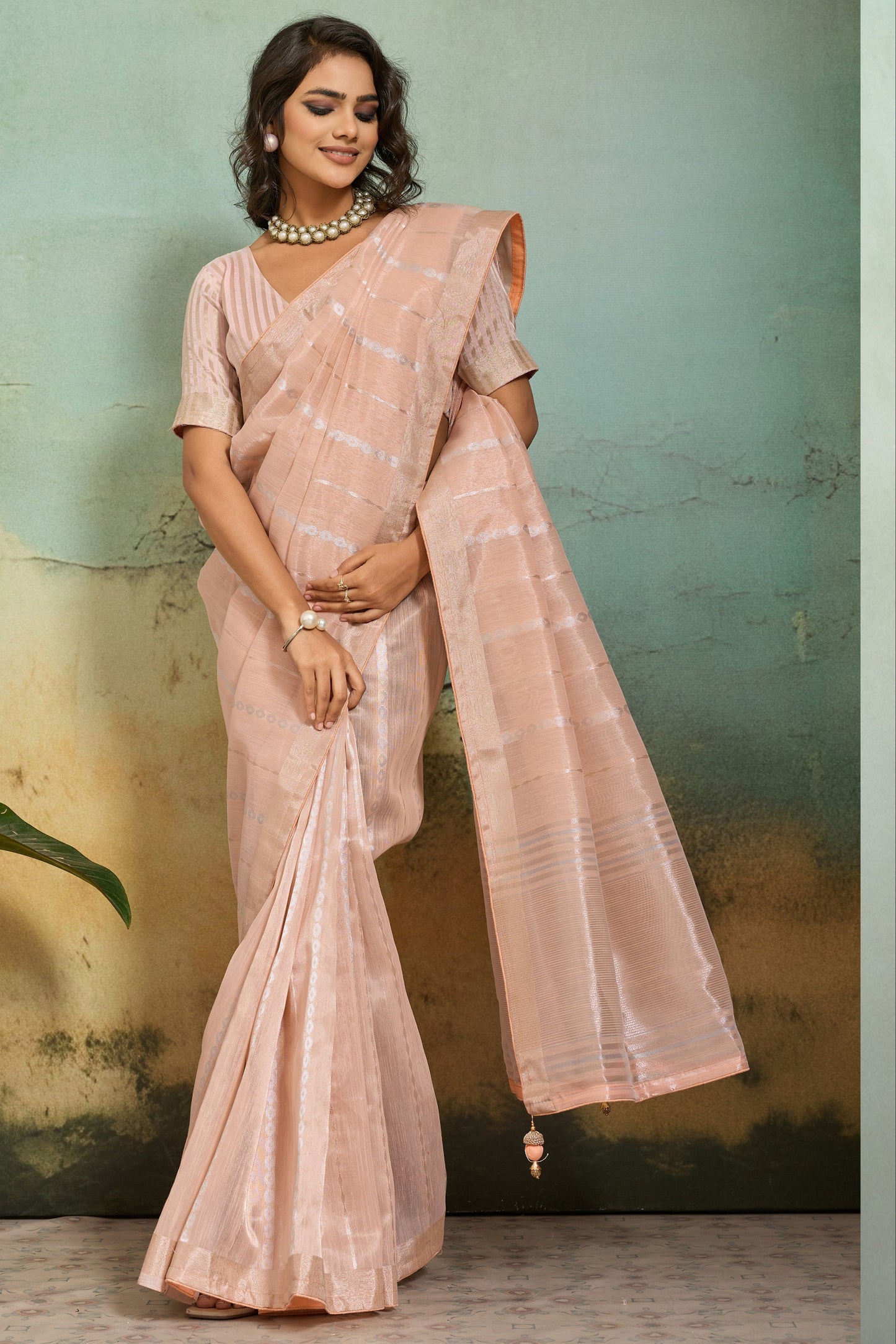 Peach Beige Organza Silk Saree with Subtle Zari Stripes