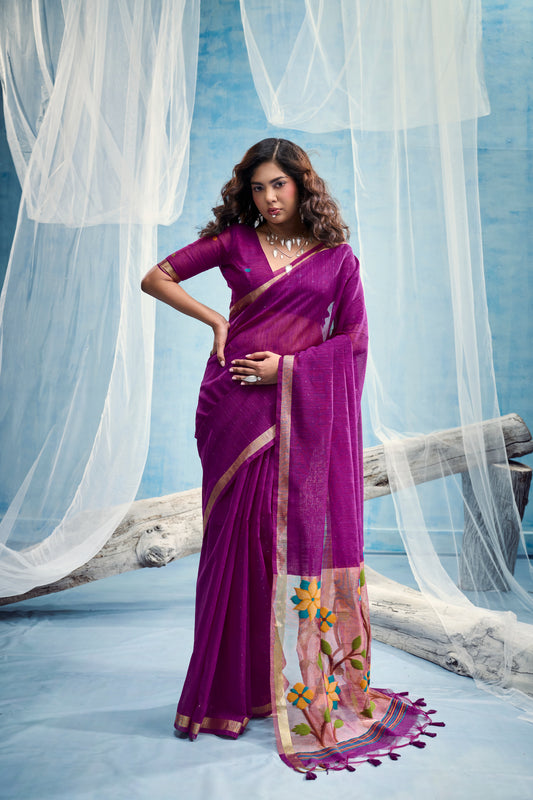 Plum Purple Linen Organza Saree with Floral Organza Pallu & Zari Border