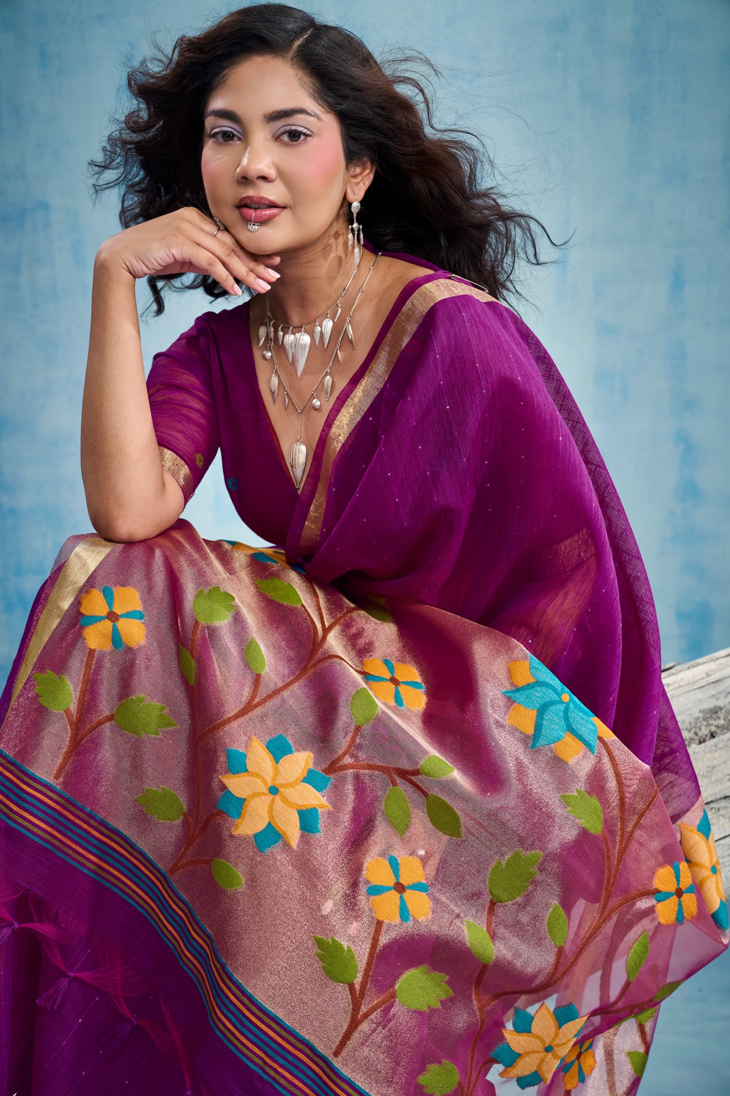 Plum Purple Linen Organza Saree with Floral Organza Pallu & Zari Border