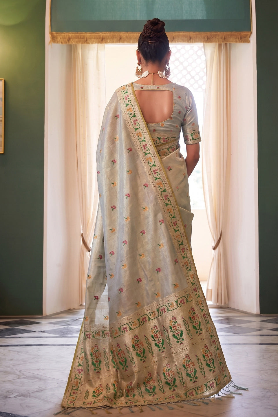 Powder Blue Chanderi Organza Saree with Minakari Zari Border