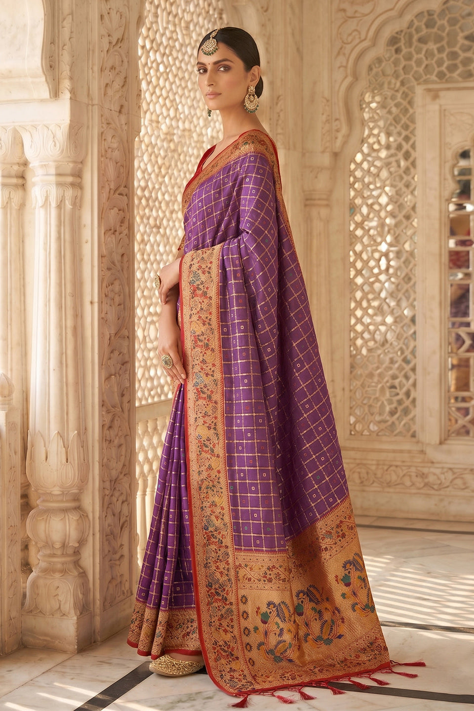 Purple Banarasi Silk Saree with Meenakari Paithani Pallu and Red Blouse