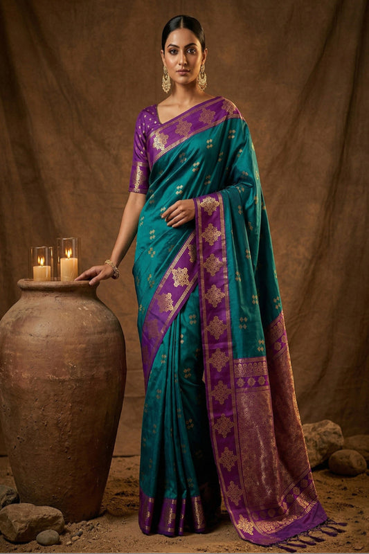 Purple Silk Saree with Teal Green Zari Border & Rich Pallu