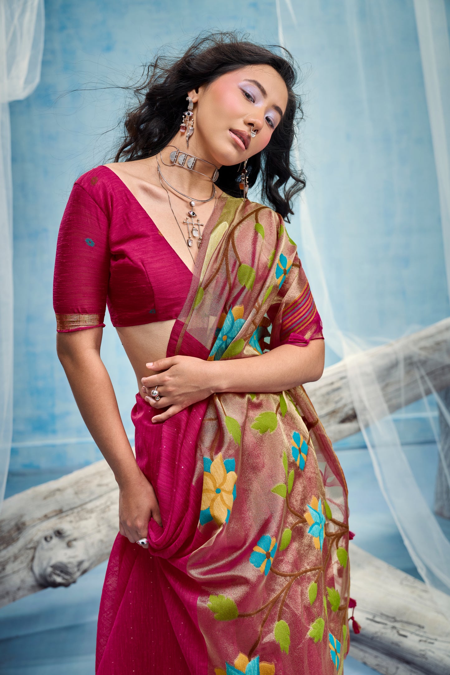 Rani Pink Linen Organza Saree with Floral Organza Pallu & Zari Border
