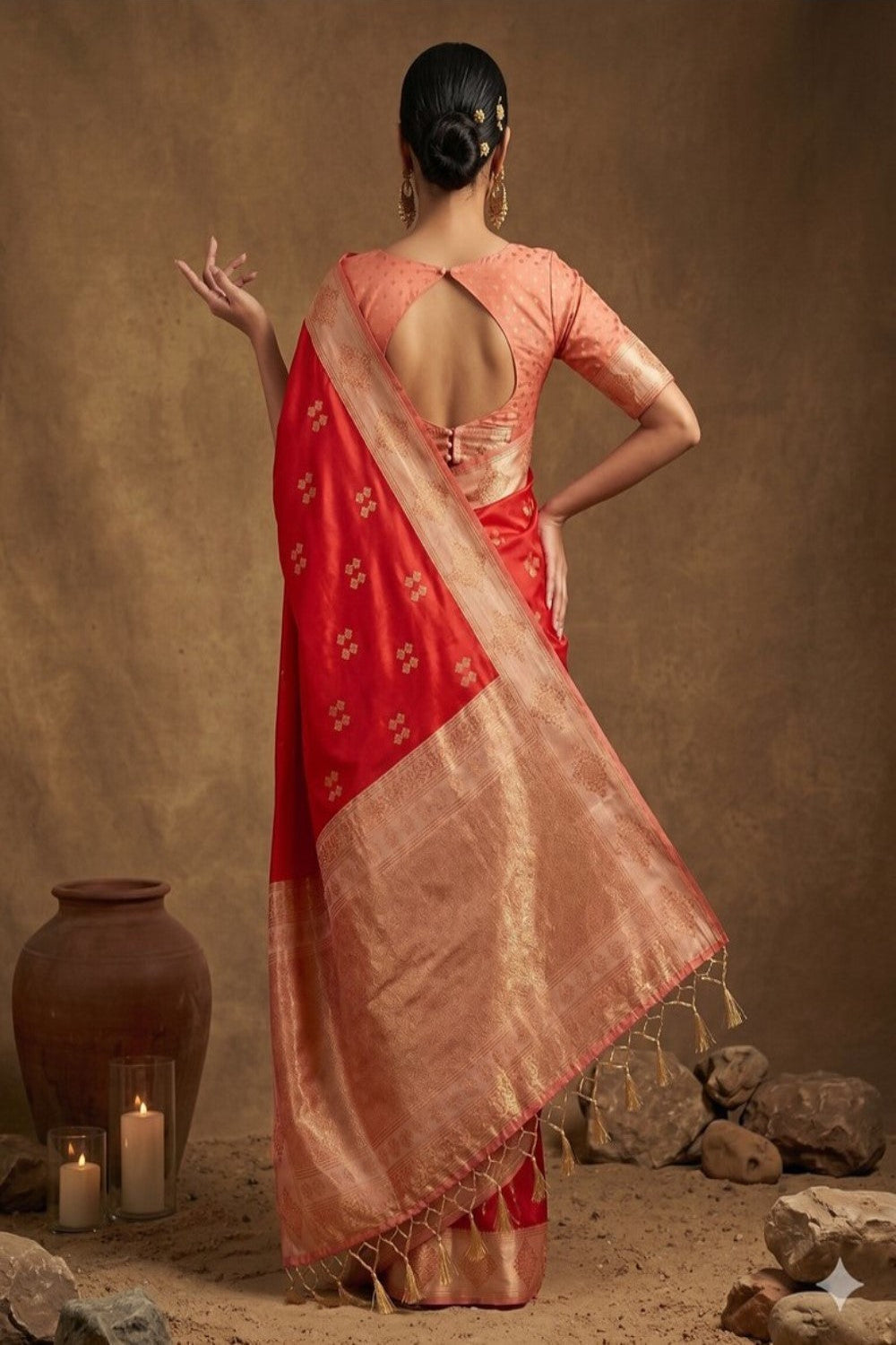 Red Silk Saree with Gold Zari Border & Rich Pallu