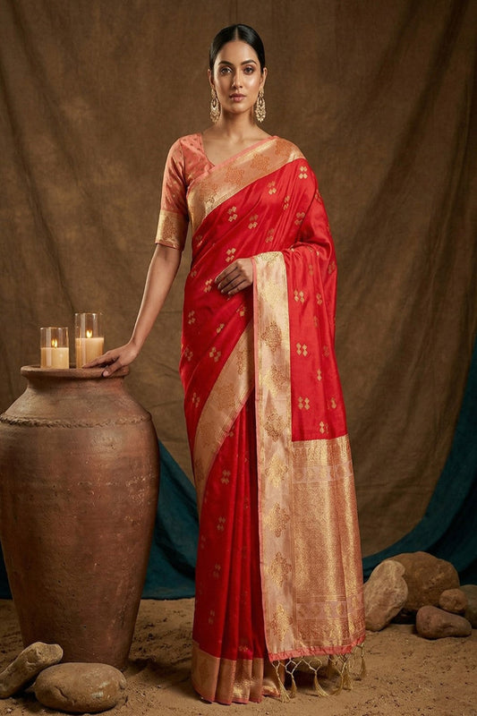 Red Silk Saree with Gold Zari Border & Rich Pallu